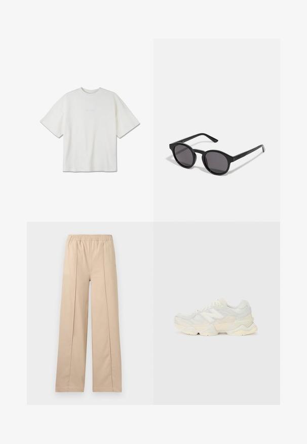 Biała, prążkowana koszulka z krótkim rękawem z okrągłym dekoltem i minimalistycznym haftowanym logo z przodu. Luźny krój.; Beżowe spodnie szerokie z elastycznym pasem, z dwiema pionowymi liniami zagięcia, miękkiego materiału i prostym fasonem.; Lekki sneakers z siateczkową i zamszową cholewką w delikatnych kremowych odcieniach, z masywną podeszwą i trójwymiarowymi akcentami.; Czarne okulary przeciwsłoneczne z okrągłą, lekko falistą oprawą, ciemnymi szkłami i prostymi, czarnymi ramionami. Gładkie, błyszczące wykończenie bez widocznych wzorów.