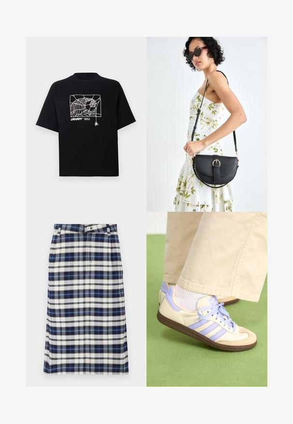 T-shirt noir en coton à manches courtes. Présente un graphisme de toile d'araignée blanche et un logo à l'avant. Encolure ronde simple.; Jupe à carreaux bleu marine, blanc et gris. Présente une silhouette droite, une fermeture à boutons et une texture subtile avec un motif de grille.; Baskets crème et lavande avec trois bandes et une semelle marron texturée, dotées de lacets et d'un talon rembourré. Tige en tissu doux.; Sac à main en cuir noir avec une forme courbée, bandoulière amovible et des accessoires en or. Le sac est doté d'un rabat avec un détail de boucle.