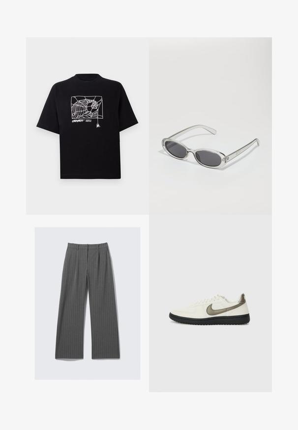 Camiseta negra de algodón con mangas cortas. Presenta un gráfico de telaraña blanca y un logo en la parte frontal. Cuello redondeado simple.; Pantalones de pierna ancha gris a rayas con pliegues frontales y trabillas, dispuestos sobre un fondo blanco.; Nike Sportswear FIELD GENERAL - Zapatillas - off-white/black; Gafas de sol con forma ovalada, montura de plástico transparente, lentes gris oscuro y patillas delgadas y transparentes con acentos de logotipo y un diseño minimalista.