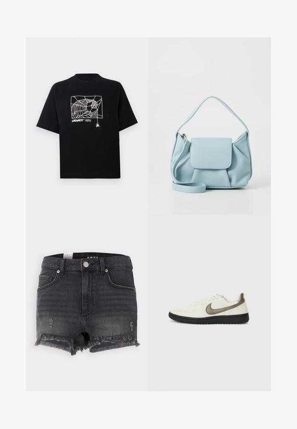 Black T-shirt made of cotton with short sleeves. Features a white spider web graphic and logo on the front. Simple rounded neckline.; Black denim shorts with a frayed hem, distressed detailing, and a metal button closure. Features a classic design and five-pocket style.; Nike Sportswear FIELD GENERAL - Trainers - off-white/black; Light blue leather handbag with a top handle, front flap pocket, and detachable wrist strap on a white background.