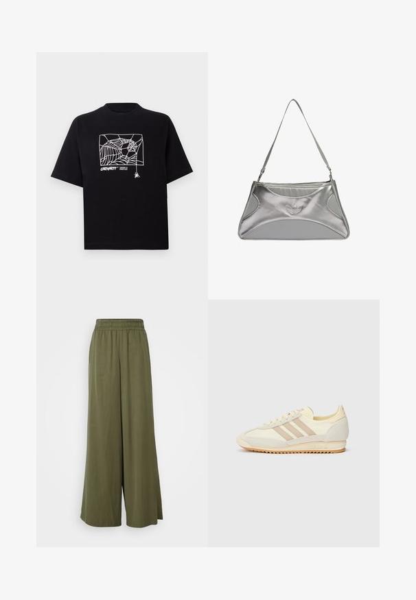 Črn T-majica iz bombaža s kratkimi rokavi. Na sprednji strani ima belo grafiko pajkove mreže in logo. Preprost okrogli izrez.; DRYKORN CEILING - Hlače - green; Kremna atletska teniska obutev z tremi bež črtami, usnjatom in tekstilnim materialom, teksturiranim podplatom ter embosiranim logotipom na peti.; Srebrna metalna torbica z elegantno, strukturirano zasnovo, ki ima teksturirano telo, naramnico in embosiran logotip.