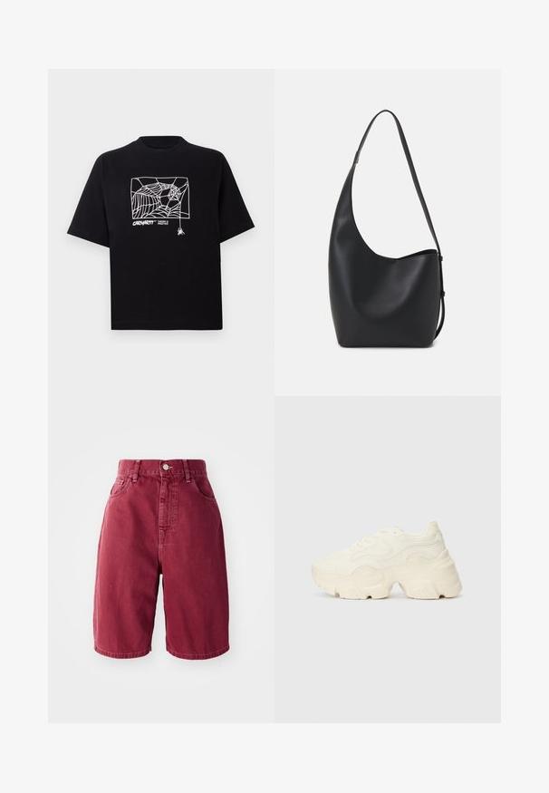 Czarna koszulka z krótkim rękawem wykonana z bawełny. Na przodzie znajduje się biały nadruk w kształcie pajęczyny oraz logo. Prosty, zaokrąglony dekolt.; Bordowe dżinsowe szorty z wysokim stanem. Cechy: dwie przednie kieszenie, pojedyncze zapięcie na guzik oraz prosty krój nogawki.; Podeszwa chunky białych sneakersów wykonana z teksturowanej siateczki i materiałów syntetycznych, z grubą podeszwą i skomplikowanymi detalami wzoru po bokach.; Czarna skórzana torba hobo o gładkiej fakturze, zaokrąglonym kształcie i pojedynczym, regulowanym pasku; posiada szerokie otwarcie na górze.
