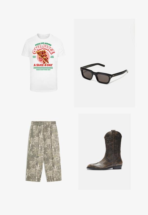 Weißes T-Shirt mit einem grafischen Druck einer Pizzastücke mit Peperoni, begleitet von buntem Text und einem karierten Muster am unteren Rand.; Cargo-Hosen mit weit geschnittenen Beinen in grün-beiger Camouflage mit Blatt- und Rinde-Muster, ausgestattet mit Fronttaschen und Gürtelschlaufen.; Braune Leder-Cowboystiefel mit hohem Schaft, spitzem Zehenbereich, aufwendigen Stickmustern und kleinem Absatz. Strukturierte Oberflächenbeschaffenheit.; Schwarze rechteckige Sonnenbrille mit dunklen Gläsern, dickem Kunststoffrahmen, goldenen Akzenten an den Bügeln und eingraviertem Markenlogo am Arm.
