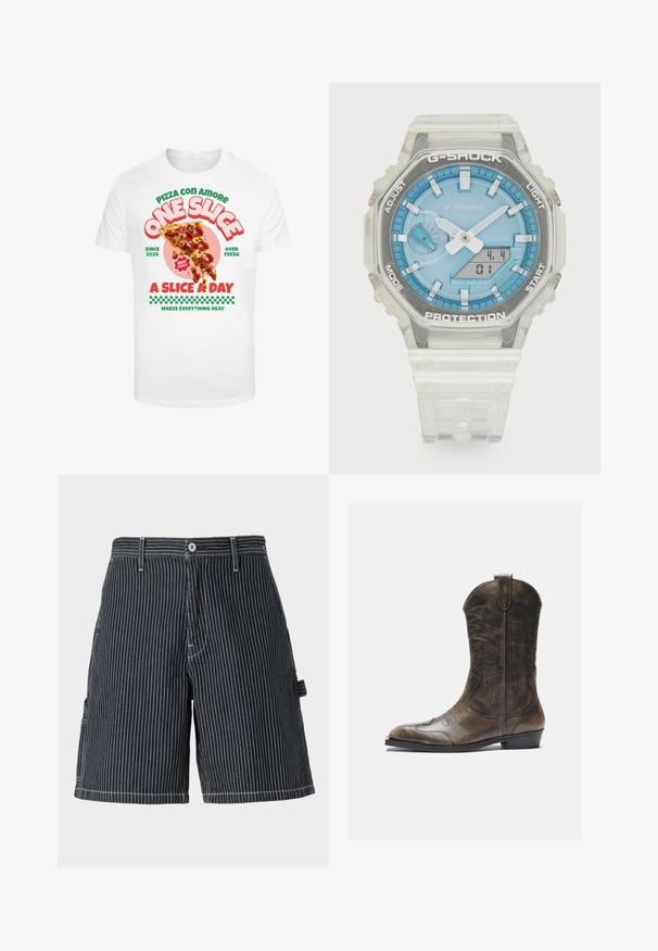 Witte t-shirt met een grafische print van een pizzapunt met pepperoni, vergezeld van kleurrijke tekst en een geruit patroon aan de onderkant.; Marine gestreepte shorts van katoen met een relaxte pasvorm, voorzien van zijzakken, riemlussen en contrasterende witte stiksels.; Bruine leren cowboylaars met een hoge schacht, spitse neus, ingewikkelde stikpatronen en een kleine hak. Gevarieerde afwerking overal.; G-Shock-horloge met een heldere hars behuizing, blauwe wijzerplaat, metalen accenten, digitale weergave en een gestructureerde siliconen band. Waterbestendig tot 20 bar.
