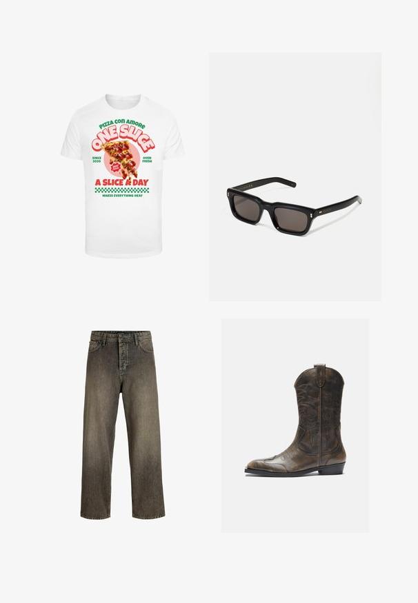 Bijela majica s grafičkim otiskom komada pizze s peperonijem, popraćena šarenim natpisom i karo uzorkom na dnu.; Tamno sivi široki traperice s izblijedjelim završetkom, dizajniran s pet džepova, patent zatvaračem i petljama za remen. Izrađene od izdržljive traper tkanine.; Smeđe kožne kaubojske čizme s visokim okovratnikom, šiljatim prstom, složenim uzorcima šavova i malim potpeticom. Teksturalna obrada cijelom površinom.; Crne pravokutne sunčane naočale s tamnim lećama, debelim plastičnim okvirom, zlatnim akcentima na sljepoočnicama i logotipom marke ugraviranim na dršku.