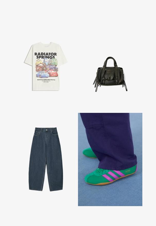 T-shirt en coton blanc avec un graphique de voitures animées. Le texte indique "RADIATOR SPRINGS" et "LA ROUTE EST À VOUS. PARTEZ AVEC STYLE."; Jeans en denim bleu foncé à jambes larges avec une taille haute, dotés de cinq poches et de détails de couture visibles. Design épuré et minimal.; Des chaussures de sport en suede vert et violet avec trois accents rayés et une semelle en gomme, assorties à un pantalon violet, sur une surface bleue douce.; Sac à main en cuir noir avec des poignées tressées, une poche zippée et des glands suspendus. Surface texturée avec des clous en métal et des accents en métal.