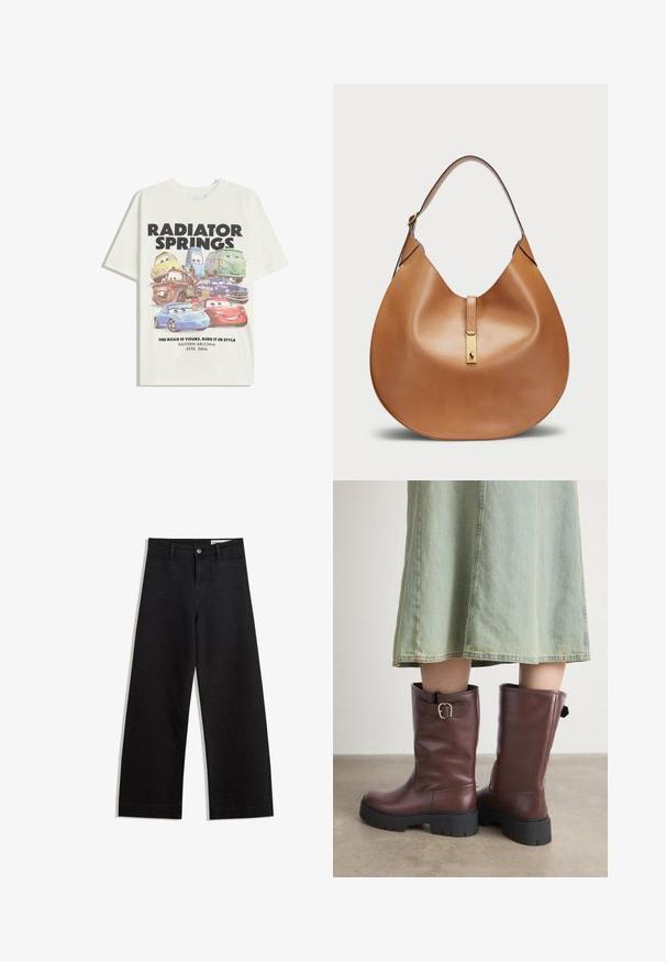 Biała koszulka z bawełny z grafiką animowanych samochodów. Na napisach widnieje "RADIATOR SPRINGS" oraz "DZIERŻ WIATR W ŻAGLE I JEDŹ Z KLASĄ".; Czarne dżinsowe spodnie o szerokich nogawkach i wysokim stanie, z przednimi i tylnymi kieszeniami, przeszyciami oraz zapięciem na guziki. Gładka struktura.; Brązowe skórzane buty za kolano o fakturowanym wykończeniu, z bocznym detalem klamry i masywnymi czarnymi gumowymi podeszwami.; Torba skórzana w kolorze brązowym o zaokrąglonym kształcie i szerokim pasku na ramię. Posiada złoty metalowy akcent na środku oraz gładką fakturę.