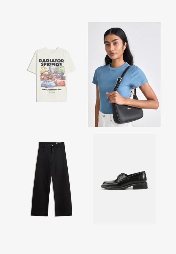 Biała koszulka z bawełny z grafiką animowanych samochodów. Na napisach widnieje "RADIATOR SPRINGS" oraz "DZIERŻ WIATR W ŻAGLE I JEDŹ Z KLASĄ".; Czarne dżinsowe spodnie o szerokich nogawkach i wysokim stanie, z przednimi i tylnymi kieszeniami, przeszyciami oraz zapięciem na guziki. Gładka struktura.; Czarne skórzane buty oxford z gładką teksturą, zaokrąglonym czubkiem, sznurowaniem na dwa oczka i solidnym blokowym obcasem. Prosty design bez wzorów.; Czarna torebka o fakturowanej powierzchni w kształcie łuku, zdobiona złotym logo, w połączeniu z niebieską bluzką z krótkim rękawem o prążkowanej strukturze oraz białymi spodniami.