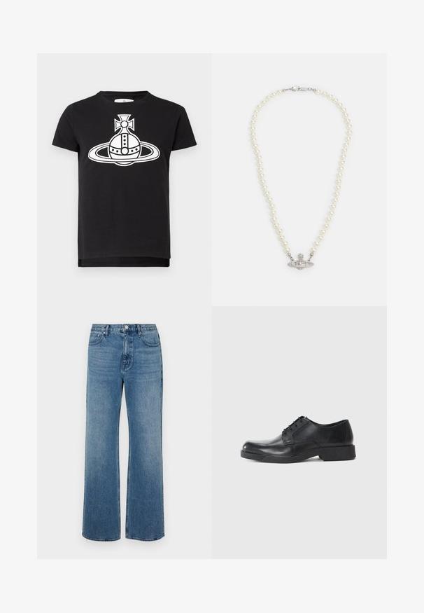 Must mustaga varrukatega t-särk, mille ees on suur valge graafika stiliseeritud orbiidist ja rõngast, mille keskel on rist.; Laiad sinised teksad, mis on valmistatud denimist ja millel on kulunud viimistlus. Omab viit taskut, ees nööpidega kinnitust ja sirget lõiget.; Must mustaga tume nahk king, millel on ümar varvas, paeltega disain ja madal plokk konts. Sile tekstuur ja minimalistlik profiil.; Pärligael koos hõbedatooni kinnitusega. Koos ümmarguste valgete pärlite ja dekoratiivse, vääriskividega kaunistatud keskiga.