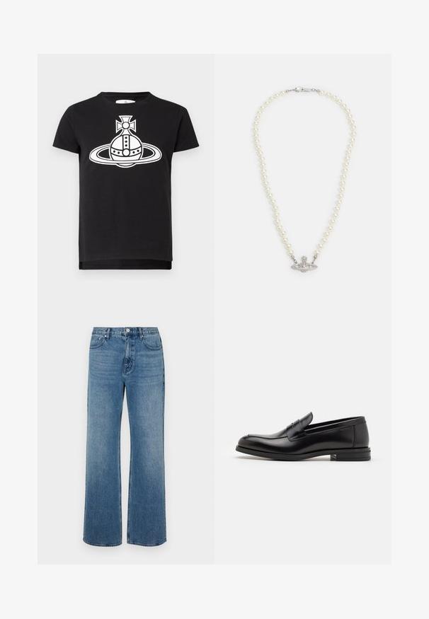Black short-sleeve t-shirt with a large white graphic of a stylized orb and ring topped by a cross at the center front.; Wide-leg blue jeans made of denim with a faded finish. Features five pockets, a front button closure, and a straight cut.; Black leather loafers with a smooth texture, rounded toe, and a decorative strap across the vamp. Low stacked heel, minimalist design.; Pearl necklace with a silver-tone clasp. Features round white pearls and a decorative, rhinestone-studded centerpiece.