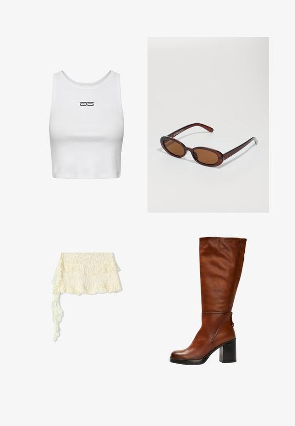Top corto bianco realizzato in cotone a coste. Presenta un collo rotondo e un logo ricamato in nero sul petto. Design semplice e aderente.; Stola in pizzo color avorio con bordi arriciati; presenta motivi floreali intricati; scorre delicatamente con una lunga estremità a strascico.; Stivale al ginocchio in pelle marrone con punta rotonda, tacco nero spesso e delicate cuciture lungo la parte anteriore e posteriore.; Occhiali da sole rotondi con tonalità marrone, montatura lucida color bordeaux. Aste sottili con un sottile dettaglio del marchio. Design delle lenti piatte.