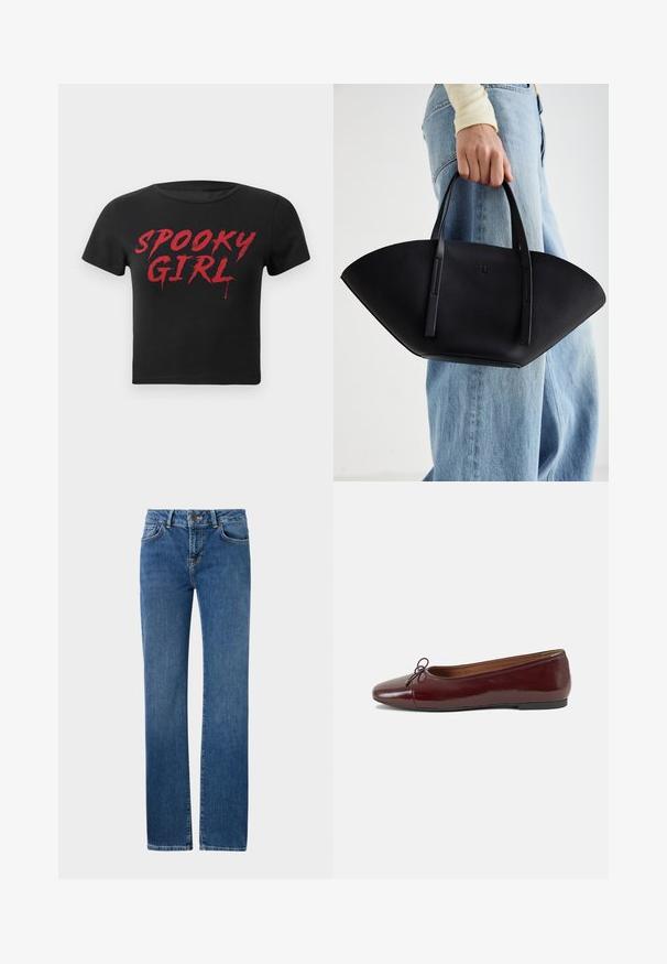 Černé krátké tričko s krátkým rukávem a cropped střihem, na kterém je červený dripping text "SPOOKY GIRL" napříč hrudníkem.; Modré džíny z denimu se středním střihem. Mezi charakteristiky patří knoflíkové zapínání, poutka na opasek a přední kapsy. Světle vymývané na stehnách.; Burgundské lakové baleríny s kulatou špičkou, malou mašlí vpředu a nízkou černou gumovou podrážkou. Hladký povrch.; Černá kožená kabelka s jedinečným tvarováním ve tvaru vějíře, vybavená plochými uchy. Povrch má jemně zrnitou texturu a minimalistický design.