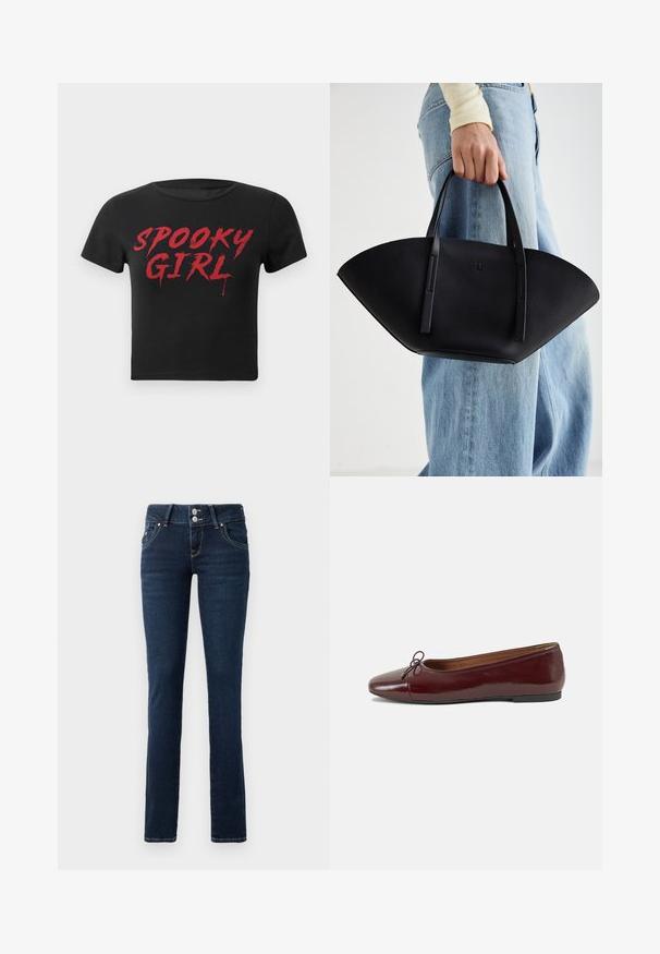 Crna kratka majica s kratkim rukavima sa crvenim, kapljicama natpisom "SPOOKY GIRL" na prsima.; Tamno plave uske traperice sa dvostrukim kopčanjem, prednjim dzepovima i žutim šavovima na bijeloj pozadini.; Burgundska lakirana balerinka s zaobljenim vrhom, malim mašnom sprijeda i niskom, crnom gumenom potplatu. Glatka tekstura.; Crna kožna torba jedinstvenog oblika ventilatora, s ravnim ručkama. Površina ima teksturu sličnu šljunku i minimalistički dizajn.