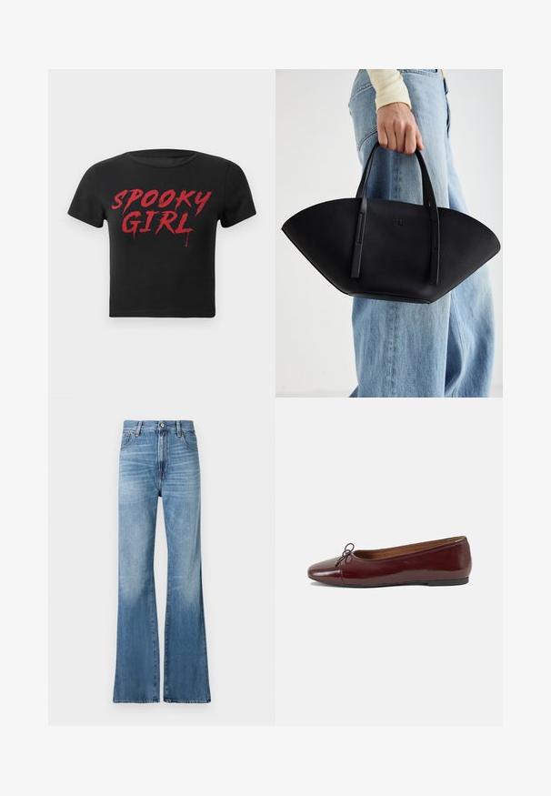 Juodas trumpomis rankovėmis apkarpytas marškinėliai su raudonais, lašinančiais užrašais "SPOOKY GIRL" ant krūtinės.; Replay BECKA PANTS - Laisvo kirpimo džinsai - medium blue; Bordo lakiotos odos baleto bateliai su apvalia nosimi, maža kaspinėlio akcentu priekyje ir žema juoda guma padanga. Lygi tekstūra.; Juodas odinis rankinis uždangalas unikaliu ventiliatoriaus formos dizainu, turintis plokščias rankenas. Paviršius turi akmeninė tekstūrą ir minimalistišką dizainą.