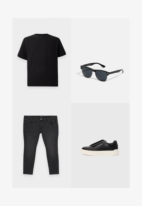 Svart T-skjorte med korte ermer laget av teksturert stoff, med rund halslinning og en avslappet passform. Enkel, uten mønstre eller detaljer.; Sorte denimjeans med en tettsittende fasong, fem lommer, glidelås og frontknapp, samt subtile slitemerker.; Sorte slip-on joggesko med teksturert læroverdel, hvit gummisåle og ingen synlige snører. Har merkevarelogo på siden.; Sorte solbriller med rektangulær form, mørke linser, sølvfargede detaljer ved templene, og en matt finish på rammen.