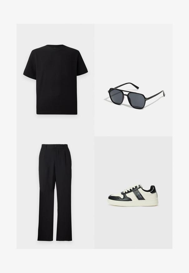 Črna kratka majica s kratkimi rokavi, izdelana iz teksturirane tkanine, z okroglim izrezom in sproščenim krojem. Preprosta, brez vzorcev ali dodatkov.; Only & Sons ONSJEREMY LOOSE PANT - Hlače - black; Usnjeni športni čevlji z črno in krem barvno shemo, ki vključujejo perforirane dodatke, podložen ovratnik in strukturirano podplat.; Črne sončne naočniki z oktagonalnim okvirjem, temnimi lečami, sijočo površino, tankimi nogicami in zlatimi detajli spredaj.