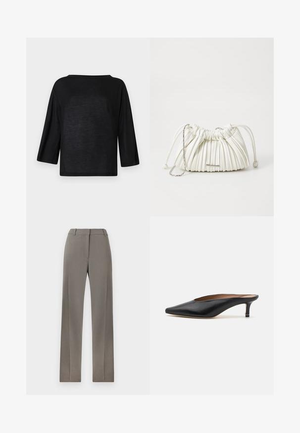 Černý, volný top s širokým výstřihem a tříčtvrtečními rukávy. Materiál vypadá jemně a lehce s hladkým povrchem.; Šedé kalhoty na míru se střihán rovnými nohavicemi, plochým předním dílem a jemnou texturou. Měkká látka a standardní pas s poutky na opasek.; Černé kožené muly s špičatou špičkou a nízkým blokovým podpatkem. Hladká textura s elegantním designem. Otevřená zadní část s minimálními detaily.; Bílá skládací kabelka z měkkého materiálu. Disponuje stahovací šňůrkou, pletenými rukojeťmi a stříbrnými kovovými akcenty.