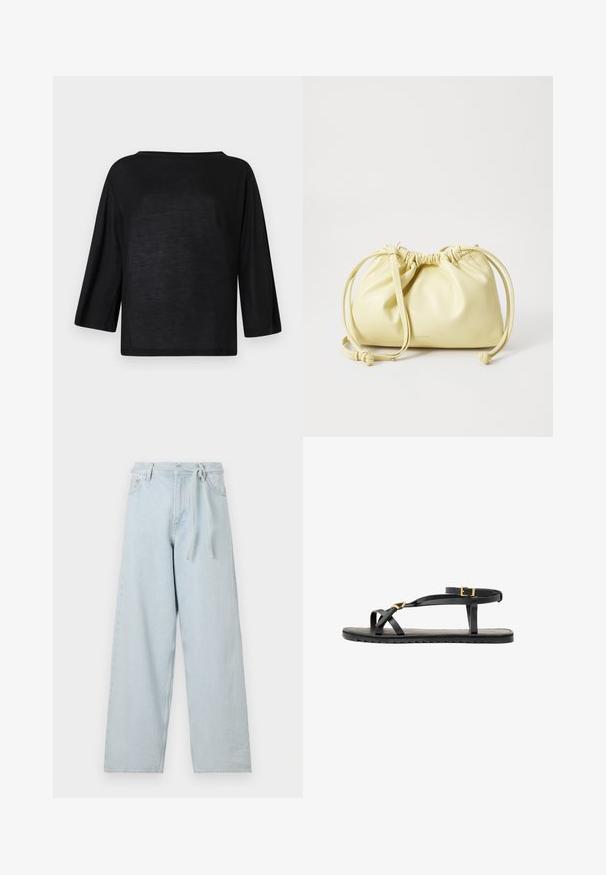 Musthave, lahtine must pusa, millel on lai kaelus ja kolmeveerandilised varrukad. Materjal näib olevat pehme ja kerge, sileda tekstuuriga.; Heledad sinised laiad teksapüksid, valmistatud denimist, kõrge vöökohaga, vöölõngade ja nööridega. Õmbluse detailid on nähtavad pükste jalgadel.; Mustad musta nahast sandaalid õhukeste rihmade ja lukustatava pahkluu rihmaga. Tasane sole tekstureeritud viimistluse ja zikk-zakk servaga. Minimalistlik disain.; Kollane nahast kott, millel on kokku tõmmatud kujundus, reguleeritav nööriga sulgemine ja üks pikk rihm. Minimalistlik bränding põhjas.