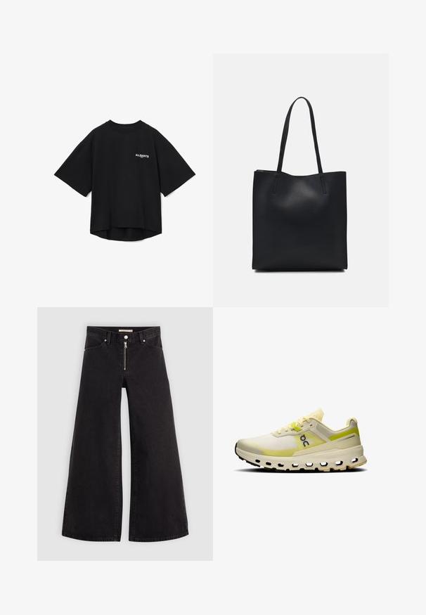 T-shirt noir surdimensionné en coton à manches courtes, avec un col rond et un imprimé logo blanc sur la zone gauche de la poitrine.; Jean large en denim noir avec une fermeture éclair à l'avant, un design à cinq poches et des détails de couture subtils. Texture lisse et style décontracté.; Baskets de course avec une tige crème et des accents jaunes, dotées d'un design en maille texturée, d'une semelle rembourrée et de découpes uniques sur la semelle extérieure.; Sac fourre-tout en cuir noir avec une texture lisse, de forme rectangulaire et deux longues poignées. Pas de matériel ou d'ornementations visibles.