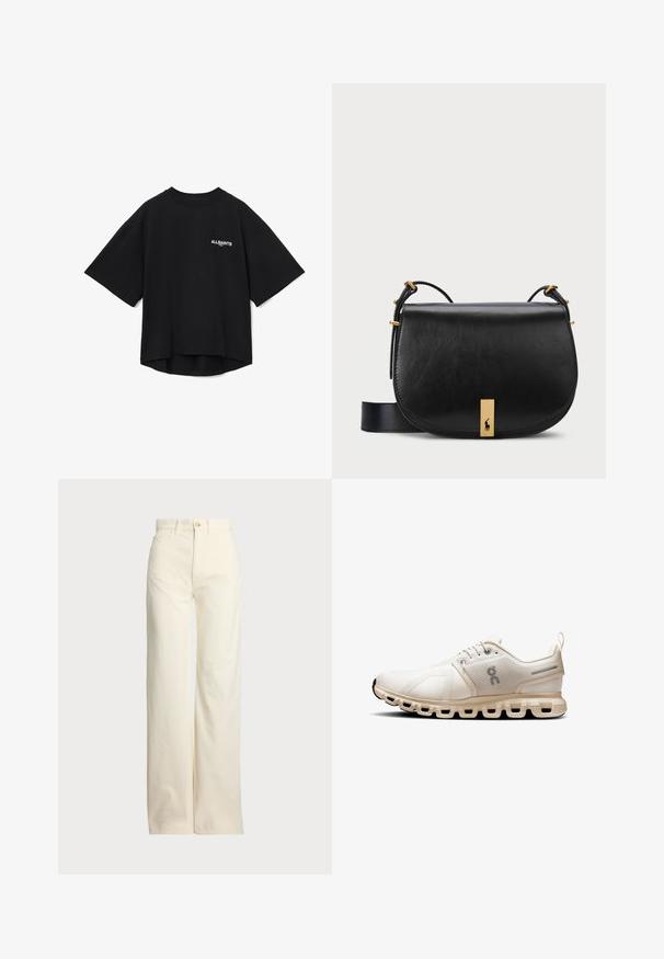 T-shirt noir surdimensionné en coton à manches courtes, avec un col rond et un imprimé logo blanc sur la zone gauche de la poitrine.; Polo Ralph Lauren COTTON CORDUROY WIDE-LEG PANT - Pantalon classique - warm white; Chaussure de sport beige clair avec tige en maille, design minimaliste, bout rond et semelle rembourrée avec des découpes segmentées pour plus de flexibilité.; Sac en bandoulière en cuir noir avec un accent en métal doré et une bandoulière réglable, présentant une texture lisse et une forme courbée.