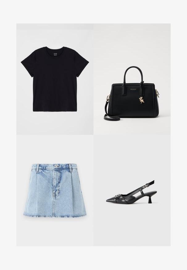 Zwarte T-shirt met korte mouwen, gemaakt van zachte katoen. Klassiek ontwerp met ronde hals en een eenvoudige, ongecompliceerde uitstraling met een comfortabele pasvorm.; Lichtblauwe denim mini rok met een strakke taille, geplooide voorkant en subtiele vervaging. Klassiek vijf-pocket ontwerp met metalen knoop.; Zwarte leren slingback schoen met een puntige neus, decoratieve banden met metalen oogjes en een lage blokhak. Textuur oppervlak.; Zwarte leren handtas met gestructureerd ontwerp, dubbele handvatten aan de bovenkant, afneembare schouderband, gouden hardware en een logo charm accent.