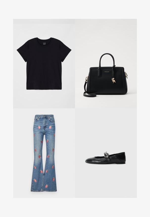 Camiseta preta de manga curta feita de algodão macio. Design clássico de gola redonda com uma superfície simples e despretensiosa e um ajuste relaxado.; Jeans de ganga evasé em azul claro, com bordados de morangos vermelhos por toda a parte. Cintura subida com design tradicional de cinco bolsos.; Sapatilhas de balé pretas em couro com bico pontiagudo, apresentando uma correia com uma fivela metálica circular e sola plana.; Malinha de couro preta com design estruturado, duas alças superiores, alça de ombro destacável, ferragens douradas e um charme com logótipo como destaque.