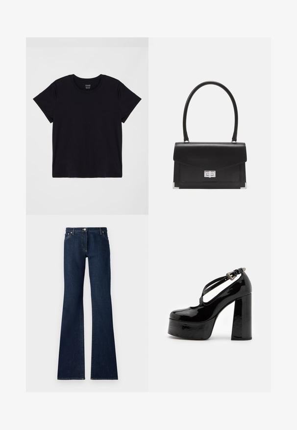 Schwarzes Kurzarm-T-Shirt aus weicher Baumwolle. Klassisches Rundhalsausschnitt-Design mit einer einfachen, ungeschmückten Oberfläche und einem lockeren Schnitt.; Dunkelblaue Schlagjeans aus Denim mit fünf Taschen, Gürtelschlaufen und kontrastierendem gelben Stich entlang der Nähte.; The Kooples CHAUSSURES - High Heel Pumps - black; Schwarze Lederhandtasche mit strukturiertem Design, einem oberen Griff und einem silbernen Verschluss. Verfügt über Eckenakzente und eine glatte Textur.