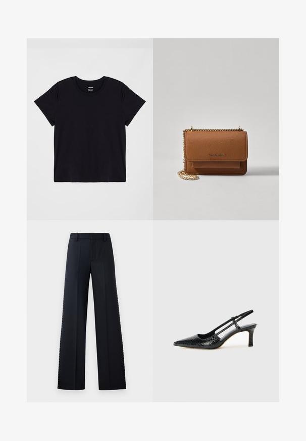 Melns īsais krekliņš ar īsām piedurknēm, kas izgatavots no mīkstas kokvilnas. Klasisks apaļas kakla dizains ar vienkāršu, neizpušķotu virsmu un brīvu piegriezumu.; Melni plaša kāju bikses. Pielāgota piegriezuma ar gludu tekstūru. Malu šuvēs ir rinda metālisku punktu kā dekorācija.; Melna patent āda ar slīdošo papēdi un smailo purngalu, ar teksturētu čūsku drukājumu, regulējamu siksniņu un īsu teksturētu blokpapēdi.; Brūna teksturēta ādas plecu soma ar zelta ķēdes siksnu un atloka aizdari. Priekšpusē ir logotipa detaļa un kabata zem atloka.