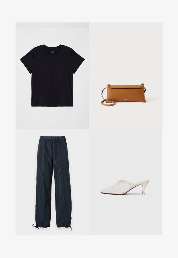 Schwarzes Kurzarm-T-Shirt aus weicher Baumwolle. Klassisches Rundhalsausschnitt-Design mit einer einfachen, ungeschmückten Oberfläche und einem lockeren Schnitt.; Marinefarbene Windbreaker-Hose mit elastischem Bund, verstellbaren Manschetten und einem glatten, leichten Material. Langschnitt-Design ohne Taschen.; Weiße Mesh-Pantoletten mit spitzer Zehenform, schlankem Mittelabsatz und Slip-On-Design vor einem schlichten Hintergrund.; Braune Leder-Clutch-Tasche, rechteckige Form, strukturierte Oberfläche, abnehmbarer Tragegurt, Reißverschlussverschluss, dezentes Logo auf der Vorderseite geprägt.