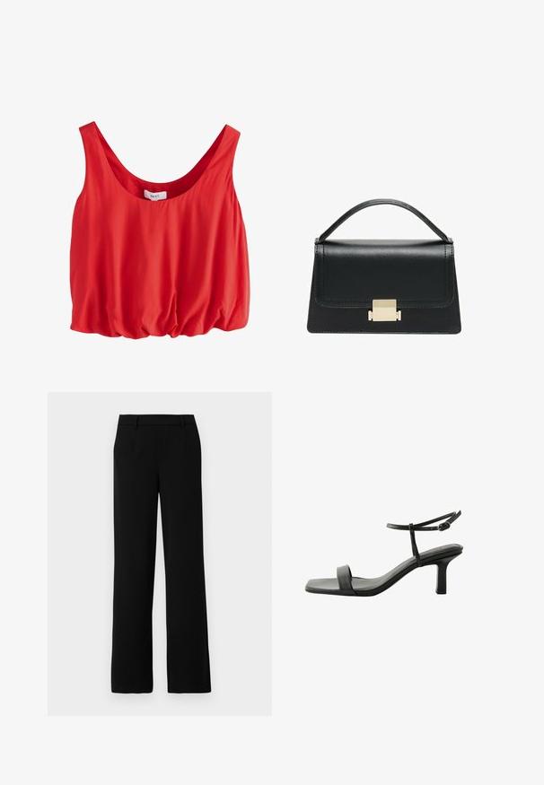 Blouse sans manches rouge avec un décolleté arrondi, fabriquée en tissu doux, froncée à l'ourlet pour un ajustement décontracté, dotée d'une petite étiquette de marque à l'intérieur.; Pantalons larges noirs en tissu lisse, avec une taille plate, deux poches latérales et une ceinture ajustée pour un look raffiné.; Next FOREVER COMFORT  SIMPLE REGULAR FIT - Sandales - black; Sac à main en cuir noir au design structuré, avec une poignée supérieure et un détail de fermoir en métal doré à l'avant. Texture lisse, couture minimale.