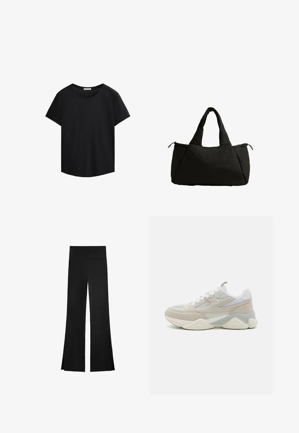 Fekete, rövid ujjú póló kerek nyakkivágással és perforált hálós részletekkel a vállakon. Simaszerkezetű anyag, laza szabás, ívelt alj.; Fekete nadrág, széles szárakkal, magas derékkal és oldalsó hasítékokkal a könnyű mozgás érdekében. Simító, rugalmas anyagból készült.; Beige és fehér tornacipők, amelyek velúrból és hálós anyagból készültek, vastag talppal, fűzős dizájnnal és logóval az oldalon.; Fekete táska pufi textúrával, két rövid fogantyúval és oldalzsebbel, amelyet húzózsinór rögzít. Egyszerű, szögletes forma.