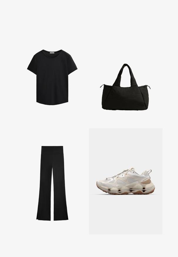 Czarna koszulka z krótkim rękawem, okrągłym dekoltem i perforowanymi detalami z siateczki na ramionach. Gładki materiał, luźny krój, zaokrąglony brzeg.; Czarne spodnie o szerokim kroju, z wysokim stanem i bocznymi rozcięciami dla łatwości ruchu. Wykonane z gładkiego, elastycznego materiału.; Lekki białe sneakersy charakteryzują się siateczkową cholewką, teksturowanymi akcentami, grubą, rzeźbioną podeszwą i gumową podeszwą z brązowym wzorem bieżnika.; Czarna torba typu tote o puszystej fakturze, z dwoma krótkimi uchwytami i boczną kieszenią zabezpieczoną sznurkiem. Prosta, kątowa konstrukcja.