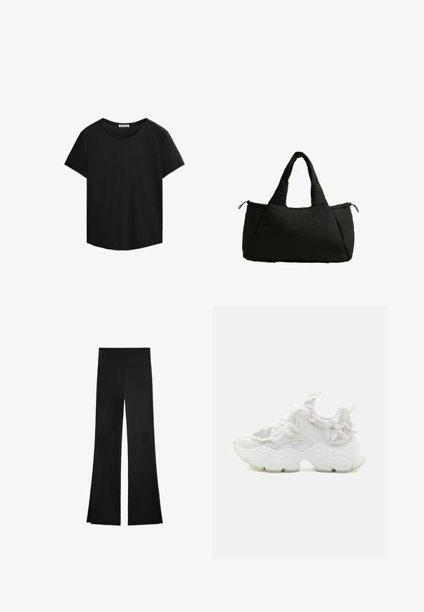 Maglietta nera a maniche corte con scollo rotondo e dettagli in rete forata sulle spalle. Tessuto morbido, vestibilità comoda, orlo curvo.; Pantaloni neri con una linea a gamba larga, dotati di una vita alta e fessure laterali per facilitare il movimento. Realizzati in un tessuto morbido ed elasticizzato.; Sneaker bianchi con suola spessa, caratterizzati da accenti a forma di fiore, materiali testurizzati e un design con lacci che presenta dettagli con il logo.; Borsa a tracolla nera con una texture soffice, dotata di due manici corti e una tasca laterale chiusa con un cordoncino. Design semplice e angolare.