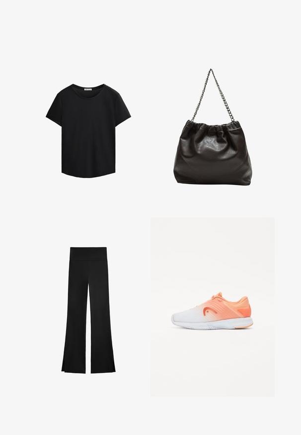 Svart T-shirt med kort ärm, rund halsringning och perforerade nätdetaljer på axlarna. Slät tyg, avslappnad passform, böjd fåll.; Svarta byxor med en vid design, utrustade med hög midja och sidofickor för ökad rörelsefrihet. Tillverkade av ett mjukt, stretchigt tyg.; Idrottsskor med en gradientdesign som övergår från vitt till ljusorange, med en texturerad ovandel och orangea detaljer på hälen.; Brun läderväska med rynkad topp och kedjesnodd. Slät textur med en blankslipad yta och subtila sömdetaljer på sidorna.