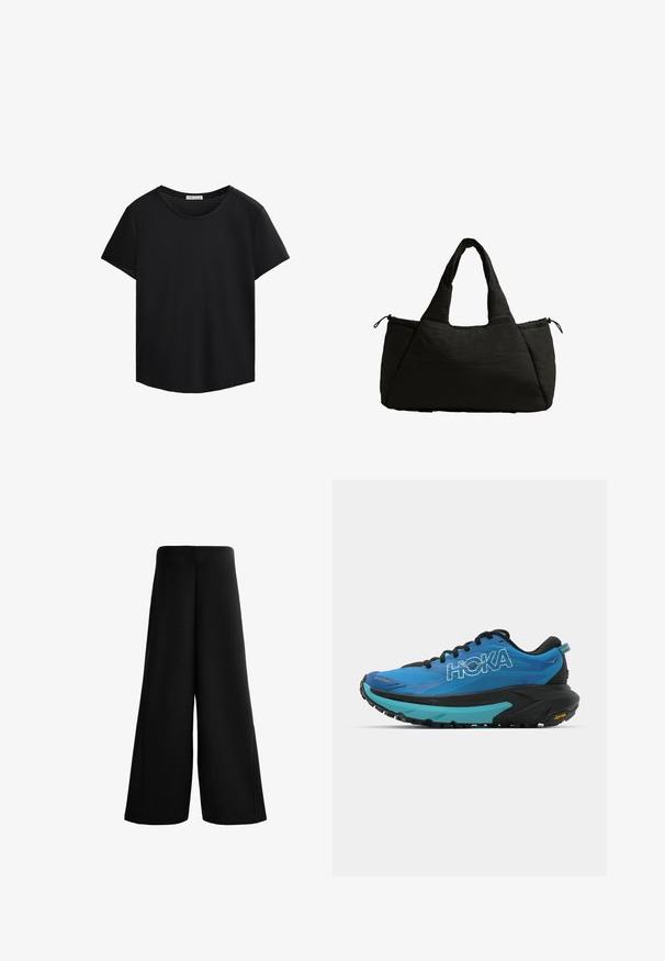 Fekete, rövid ujjú póló kerek nyakkivágással és perforált hálós részletekkel a vállakon. Simaszerkezetű anyag, laza szabás, ívelt alj.; Fekete, széles szárú nadrág puha anyagból. Magasított derékkal és sima textúrával rendelkezik, tiszta vonalakkal, laza, kényelmes szabást kínálva.; Kék futócipők fekete kiegészítőkkel, texturált felsőrésszel, párnázott nyakkal, és vastag fekete és türkiz középtalppal, Vibram talppal.; Fekete táska pufi textúrával, két rövid fogantyúval és oldalzsebbel, amelyet húzózsinór rögzít. Egyszerű, szögletes forma.