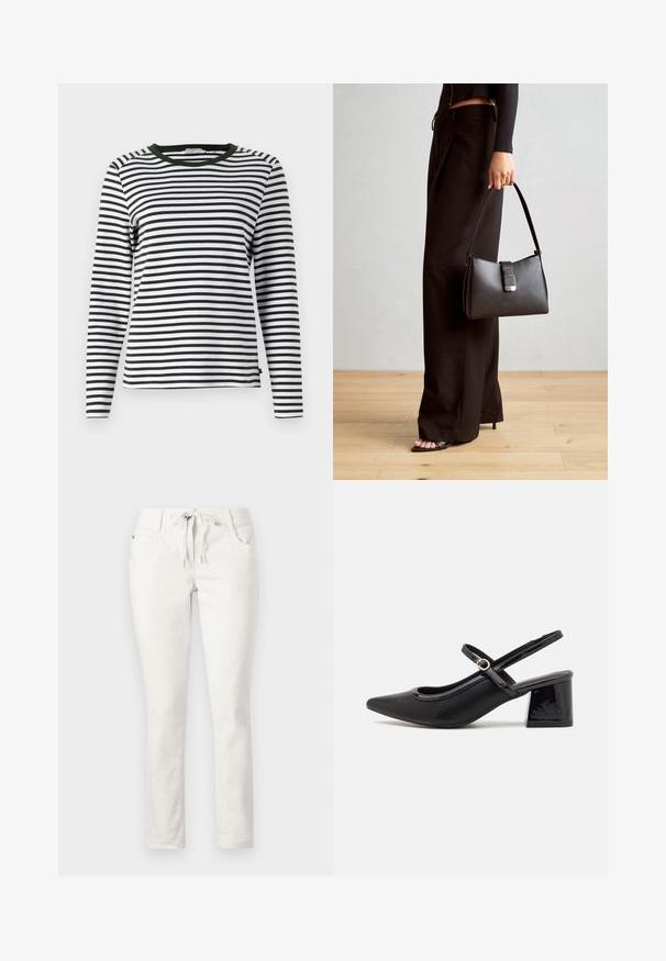 Cămașă cu mânecă lungă în dungi alb-negru, având un guler rotund verde. Material moale, cu o croială normală și tiv drept.; Pantaloni albi, ajustați pe corp, cu talie cu șnur, buzunare frontale și o textură fină. Potriviți pentru ținute casuale sau medii relaxate.; Cizme cu toc slingback din piele sintetică lacuită neagră, cu vârful ascuțit, un design cu decupaj rotunjit și toc bloc. Include un accent cu cataramă de culoare aurie.; Genți negre cu o formă structurată, textură netedă și un închizător metalic. Asortată cu pantaloni negri largi și sandale cu vârf deschis pe un podea din lemn.