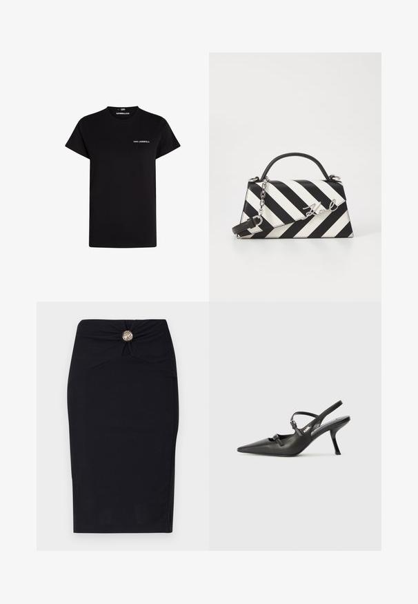 Tricou din bumbac negru, cu mâneci scurte și gât rotund. Are un logo alb în contrast pe piept. Design simplu, clasic.; Fustă neagră pe corp, cu un design ajustat, având un detaliu răsucit în față și un accent de nasture rotund din aur la talie. Textură de țesătură netedă.; Pantofi cu toc slingback din piele neagră, cu vârful ascuțit, toc subțire și detaliu decorativ cu cataramă pe partea din față. Textură netedă și design elegant.; Geantă cu dungi alb-negru, cu o formă structurată, având un mâner superior, o curea din lanț detașabilă și un accent metalic cu logo.