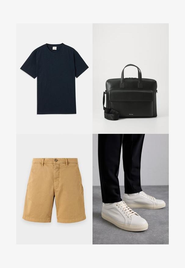 Jednoduché tmavě námořnické modré tričko s krátkým rukávem a kulatým výstřihem, s malým embosovaným logem poblíž spodního lemu.; Béžové bavlněné kraťasy s knoflíkovým zapínáním, poutky na opasek a prošívanými lemy. Obsahují dvě přední kapsy a klasický, rovný střih nohavic.; Světlé béžové kožené tenisky s plochými tkaničkami, texturovaným povrchem a kontrastní krémovou gumovou podrážkou, spárované s černými zúženými kalhotami.; Černá kožená aktovka s dvojitými horními držadly, přední kapsou a odnímatelným popruhem, s jemným brandingem ve spodní části.