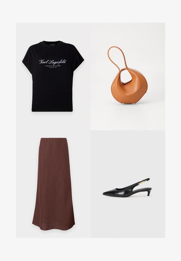 Čierne oversized tričko vyrobené z bavlny. Má krátke rukávy a okrúhly výstrih. Na prednej strane je biely nápis: "Karl Lagerfeld 21 RUE ST-GUILLAUME PARIS."; Hnedá, dlhá sukňa vyrobená z ľahkej tkaniny. Má jednoduchý dizajn s rovnými líniami a hladkou textúrou. Spodný okraj je mierne zakrivený.; Čierne kožené slingback opätky s špicatou špičkou, s úzkym opätkom a zlatým detailom na nastaviteľnom remienku. Hladká textúra.; Patrizia Pepe HANDBAG - Kabelka - summer cuoio