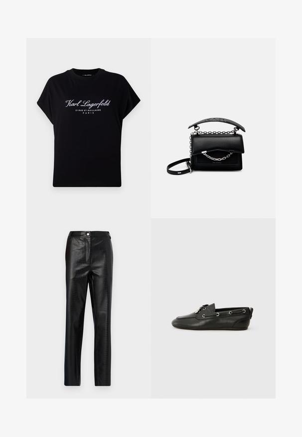 Black oversized t-shirt made of cotton. Features short sleeves and a round neckline. Front displays white text: "Karl Lagerfeld 21 RUE ST-GUILLAUME PARIS."; Black faux leather pants with crocodile pattern, slim fit, straight leg design, featuring a front button closure and standard waistband.; Black leather boat shoes with rounded toe, lace-up front, metal eyelets, and a flat sole. Features a small tab at the back.; Black leather handbag with a structured design, chain and handle accents, and a textured surface. Features a flap closure with branding visible.