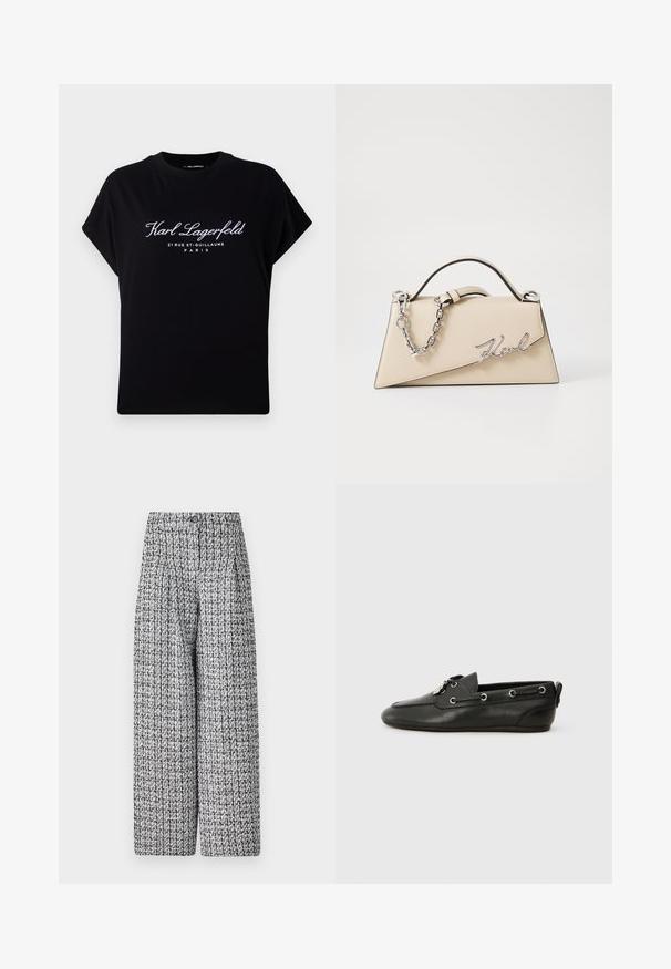 Melna pārāk liela T-kreklis, kas izgatavots no kokvilnas. Ar īsām piedurknēm un apaļu kakla izgriezumu. Priekša izrotāta ar baltu tekstu: "Karl Lagerfeld 21 RUE ST-GUILLAUME PARIS."; Auduma platās kājas bikses ar melnbaltu rakstu, ar augstu jostas vietu, pogu aizdari un krokotām priekšējām detaļām.; Melnas ādas laivu kurpes ar noapaļotu purngalu, aukliņu priekšpusi, metāla acīm un platu zoli. Iekļauts neliels cilpiņas aizmugurē.; Bežs ādas roku soma ar strukturētu, trīsstūrveida formu, piedāvā sudraba ķēdes rokturi un kursīva metāla logotipu.