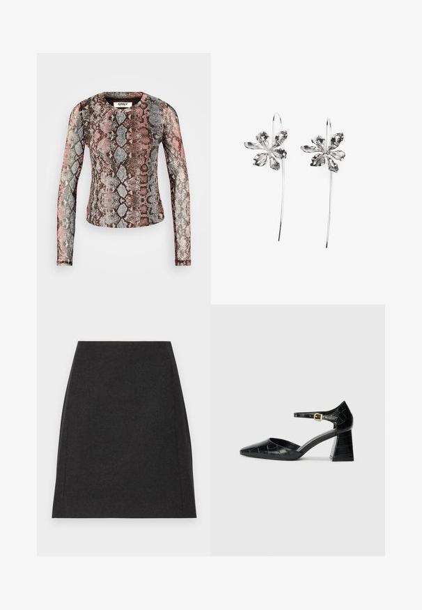 Garšīgas piedurknes tops ar daudzkrāsainu čūsku rakstu rozā, pelēkā un brūnā krāsā. Izgatavots no elastīga, viegla auduma.; Melna vilnas mini svārki ar taisnu siluetu, gludu tekstūru un smalkām sānu šuvēm. Nav redzamu aizdaru vai rakstu.; Melnas patentētas ādas augstpapēžu kurpes ar norādītu pirkstu, potītes siksnu un teksturētu krokodila rakstu. Kvadrātveida bloka papēža dizains.; Sudraba zieda formas auskari ar teksturētu apdari, ar garām uzkarsējošām daļām un ziedlapiņām līdzīgām detaļām, veidojot sarežģītu dizainu.