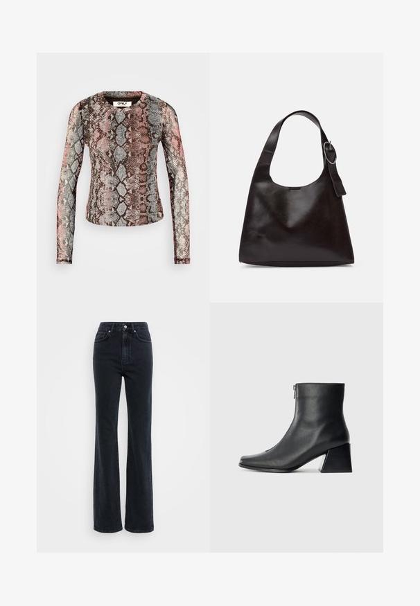 Hosszú ujjú felső, amely színes kígyómintával rendelkezik rózsaszín, szürke és barna árnyalatokban. Rugalmas, könnyű anyagból készült.; Magas deréku fekete farmernadrág egyenes szabással, látható varrással, öt zsebbel és fém gombos záródással a deréknál.; Fekete bőr bokacsizma négyzetes orral, oldalsó cipzárral és tömbsarkal, egyszínű világos háttér előtt.; Barna bőr válltáska sima felülettel, lekerekített formával, széles pánttal és kör alakú fém akcentussal a fogantyún.