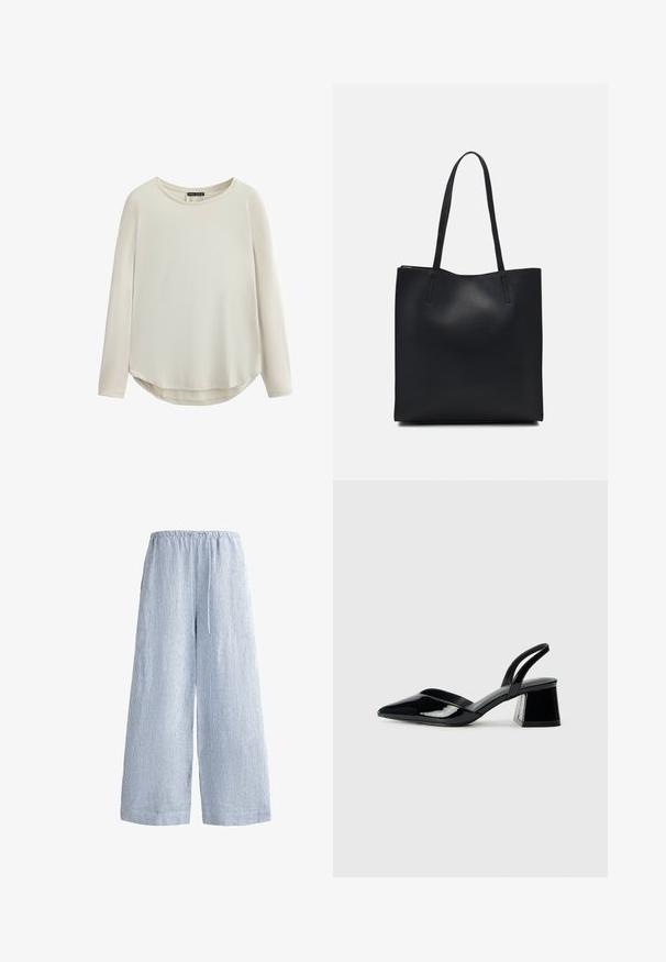 Světle béžový top s dlouhým rukávem, kulatým výstřihem, hladkou strukturou a zakřiveným lemem s bočními rozparky pro snadný pohyb.; Světle modré pruhované široké kalhoty s elastickým pasem a šňůrkou na stažení. Měkká tkanina s volným střihem, určené pro pohodlí.; Černé lakované kožené lodičky na pásku s špičatou špičkou a geometrickým blokovým podpatkem. Vyznačují se elegantním, minimalistickým designem a hladkým povrchem.; Černá kožená taška přes rameno s hladkým povrchem, obdélníkovým tvarem a dvěma dlouhými uchy. Žádné viditelné kování ani ozdoby.