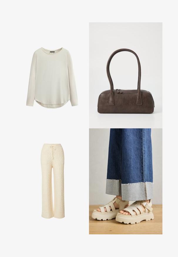 Lange mouwen top in lichtbeige, met een ronde halslijn, een gladde textuur en een gebogen zoom met zijsplitten voor gemakkelijk bewegen.; Crème loungebroek met kabelbreisel, in een relaxte pasvorm, met een elastische tailleband en een trekkoord. Zachte textuur en een wijde broekspijp design.; Beige platform sandalen met dikke zolen hebben een gestructureerd ontwerp en verstelbare enkelriemen. Gecombineerd met brede denim broeken, waarvan één zoom is geverfd.; Bruine leren handtas met twee stevige handvatten, rechthoekige vorm, gladde textuur en ritssluiting. Minimalistisch ontwerp zonder zichtbare patronen.