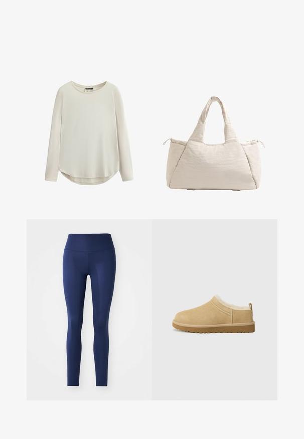 Langärmliges Oberteil in hellem Beige, mit rundem Ausschnitt, glatter Textur und abgerundetem Saum mit seitlichen Schlitzen für Bewegungsfreiheit.; Navyblaue Leggings aus dehnbarem Material, mit hohem Bund, glatter Textur und durchgehendem Design ohne Muster oder Metallteile.; Suede Slipper in hellbraun, ausgestattet mit einem weichen Fellfutter und einer strukturierten Gummisole mit einem leichten Absatz sowie einer Zugschlaufe hinten für einfaches An- und Ausziehen.; Beige gesteppte Tragetasche mit zwei Griffen, runder Form, strukturiertem Stoff und einer seitlichen Kordelzugtasche. Glatte Oberfläche, minimalistisches Design.