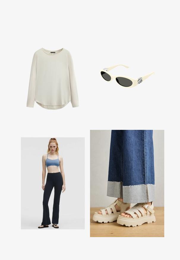 Top à manches longues en beige clair, avec un col rond, une texture lisse et un ourlet arrondi avec des fentes latérales pour plus de confort dans les mouvements.; Soutien-gorge de sport bleu clair avec des bretelles fines, associé à un legging noir évasé. Le tissu semble extensible et lisse, adapté à la tenue de sport.; Des sandales à plateforme beiges avec de épais semelles présentent un design à lanières et des sangles de cheville réglables. Portées avec un pantalon en denim à jambes larges, un ourlet est effiloché.; Lunettes de soleil couleur crème avec des verres ovales, teinte noire et accents de logo métallique au niveau des tempes. Texture lisse, design œil de chat.