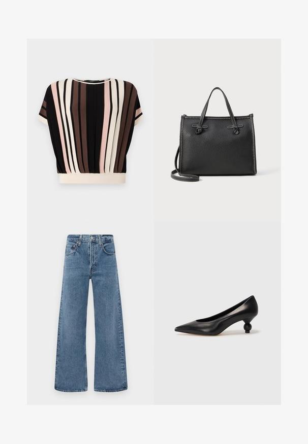 Short-sleeve top with vertical stripes in black, cream, pink, and brown. Features a rounded neckline and relaxed fit with a cream hem.; Wide-leg, blue denim jeans with a classic five-pocket design, button closure, and faded texture, featuring raw edge hems.; Black leather high heel shoe with a pointed toe and a round, balled heel. Smooth texture with a sleek, minimal design.; Black leather handbag with a textured finish, rectangular shape, two top handles, and a detachable shoulder strap. Contrast stitching detail.