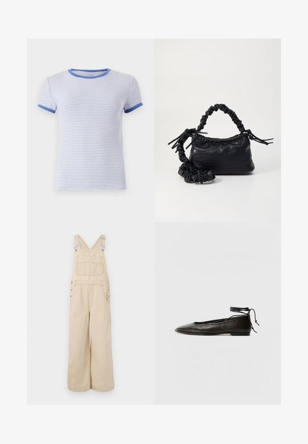 Ribiem paraugu īsām piedurknēm izgatavota T-kreklā. Uz baltas fona ir gaiši zili svītriņi. Zilas akcenti ap kaklu un piedurknēm.; Bēšā svītrota kombinezona bikses ar plašām kājām, ar regulējamiem siksnām, metāla pogām, priekšējām kabatām un krūšu kabatu.; Melnas ādas baleta kurpes ar smailu purngalu, potītes saitēm un plakanu zoli, kas izceļas ar gludu tekstūru un minimālistisku dizainu.; Melnā mākslīgās ādas rokassoma ar krokodila rakstu, savilkta augšdaļa un saburzīta siksna. Izskatās mīksta un kompakta pēc dizaina.