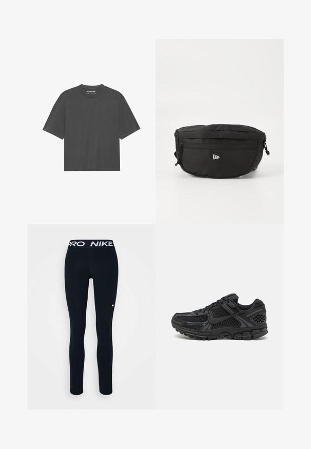 T-shirt grigio scuro con maniche corte, scollo tondo a giro, realizzata in tessuto morbido. Senza motivi o grafiche visibili, design semplice.; Leggings neri Nike con fascia Pro, presentano un logo bianco sulla coscia sinistra. Realizzati in un tessuto elastico, progettati per comfort e libertà di movimento.; Scarpa sportiva nera con tomaia in mesh, suola in gomma e dettagli testurizzati. Il design include un sistema di allacciatura pronunciato e una suola imbottita.; Marsupio nero realizzato in nylon; dotato di una tasca con zip frontale, strap regolabile e una patch con logo. Forma arrotondata con una texture liscia.